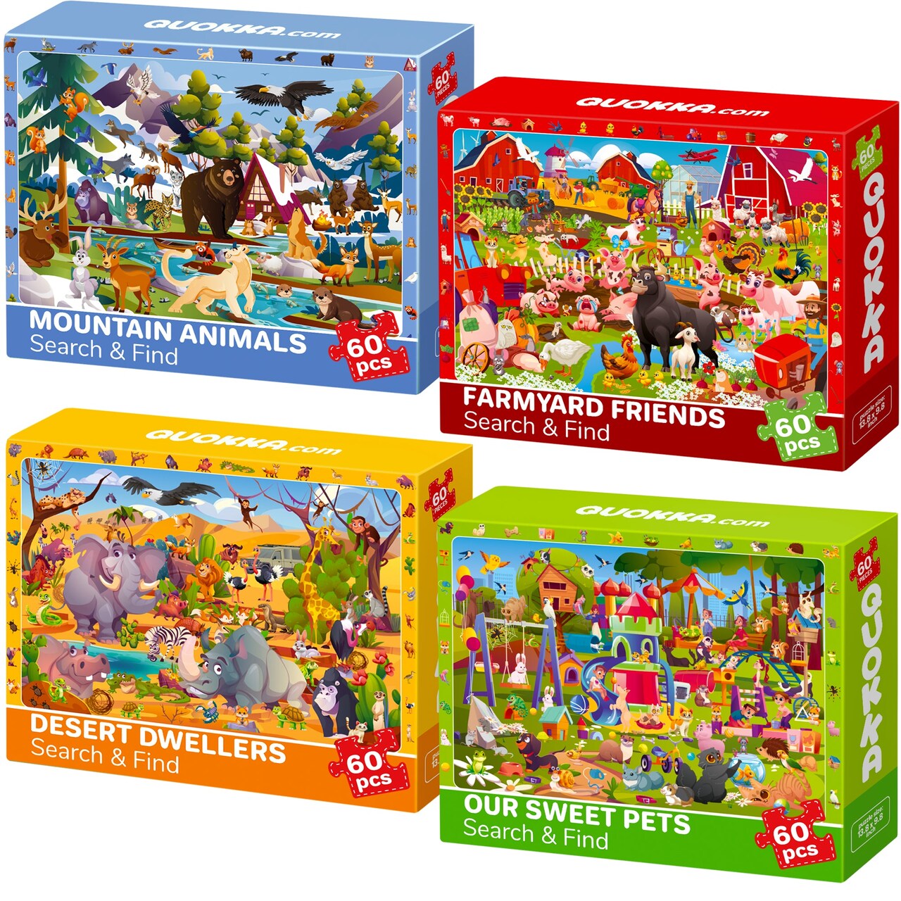 Search & Find Puzzle 4x60 Pcs for Kids | Pets, Mountains Animals